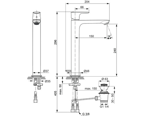 Technický nákres umývadlovej batérie s rozmermi