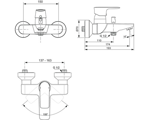 Technický nákres vodovodnej batérie s rozmermi