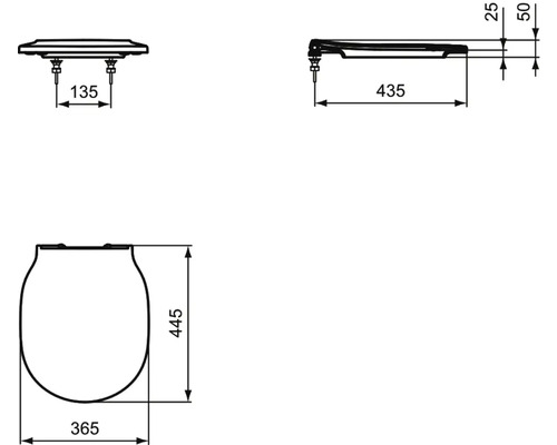 Technický nákres záchodovej dosky s rozmermi.