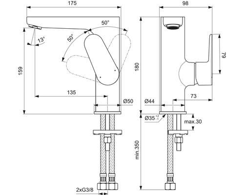 Technický nákres vodovodnej batérie s rozmermi.