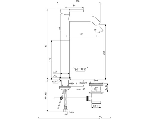 Technický nákres umývadlovej batérie s rozmermi