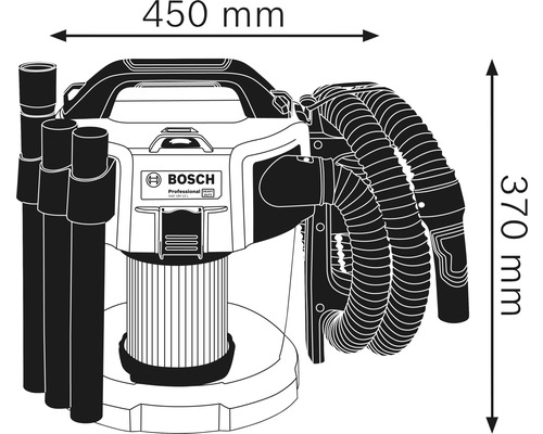 Obrázok mokrého a suchého vysávača s rozmermi 450 mm na šírku a 370 mm na výšku.