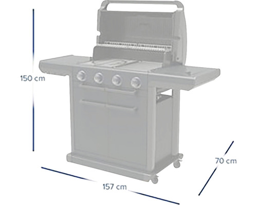 Plynový gril s rozmermi 150 cm výška, 157 cm šírka a 70 cm hĺbka.