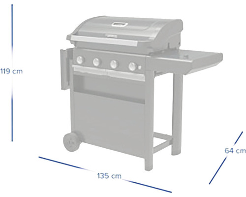 Plynový gril s rozmermi 135 cm šírka, 119 cm výška a 64 cm hĺbka.