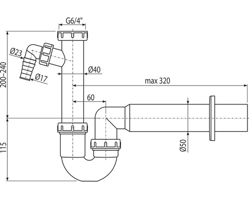 Technický nákres sifónu s rozmermi