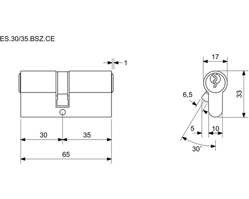 Technický nákres cylindrického zámku s rozmermi