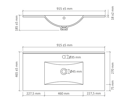 Nákres umývadla s rozmermi.