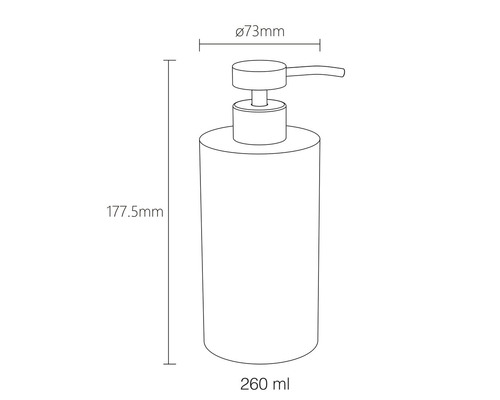 Technický nákres dávkovača mydla s rozmermi 177,5 mm výška, 73 mm priemer a objem 260 ml.
