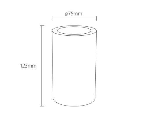 Technický nákres valcového svietidla s rozmermi 75 mm v priemere a 123 mm na výšku.