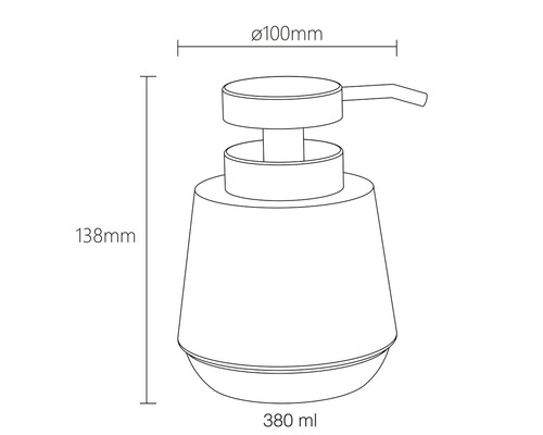 Nákres dávkovača mydla s rozmermi 138 mm výška, 100 mm priemer a objem 380 ml