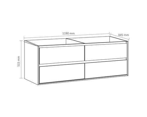 Technický nákres skrinky pod umývadlo s rozmermi 1190 mm šírka, 515 mm výška a 445 mm hĺbka.