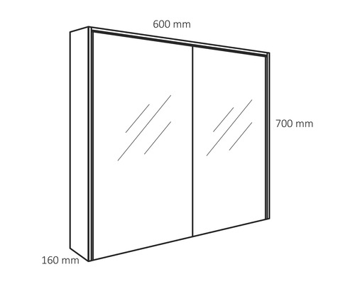 Obrázok zrkadlovej skrinky s rozmermi 600 mm šírka, 700 mm výška a 160 mm hĺbka.