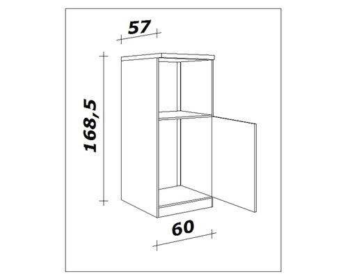 Technický nákres závesnej skrinky s rozmermi výška 168,5 cm, šírka 60 cm a hĺbka 57 cm.