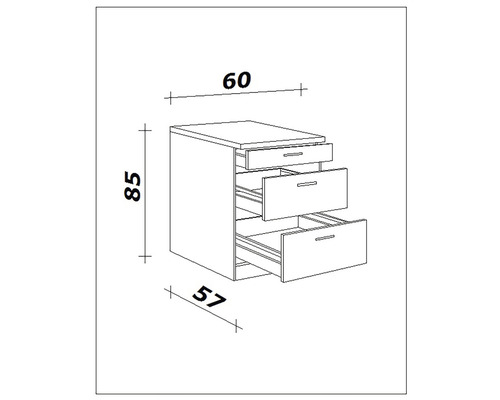Nákres skrine so zásuvkami s rozmermi