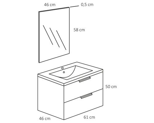 Nákres skrinky pod umývadlo so zrkadlom a rozmermi