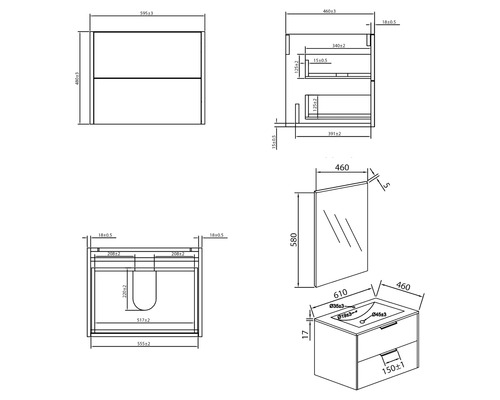 Technický nákres kúpeľňovej umývadlovej súpravy so zrkadlom a spodnou skrinkou so zásuvkami