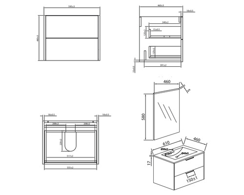Produktový výkres rozmerov umývadla so zrkadlom