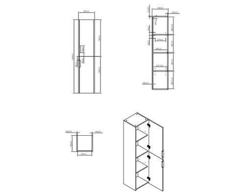 Technický nákres kúpeľňovej skrinky s rozmermi