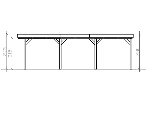 Ilustrácia drevenej pergoly s rozmermi 243 centimetrov výška, 215 centimetrov výška a 230 centimetrov výška stĺpika.