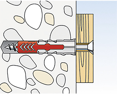 Ilustrácia hmoždinky v betónovej stene s drevenou doskou