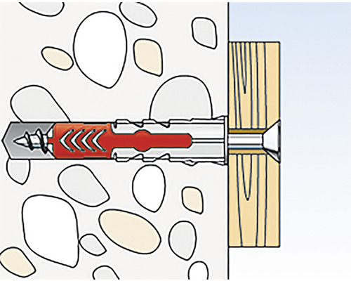 Ilustrácia hmoždinky v stene s drevenou doskou.