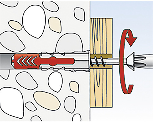 Ilustrácia hmoždinky v stene so skrutkou v kuse dreva