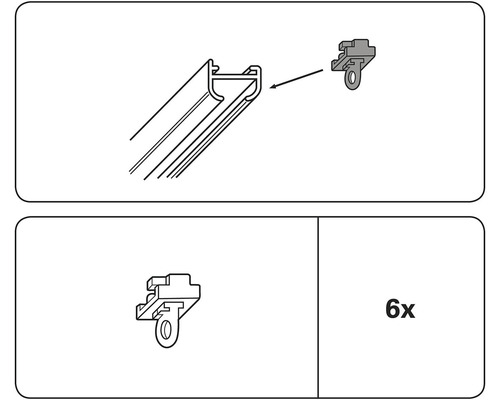 Nákres záclonovej lišty so šiestimi klzákmi