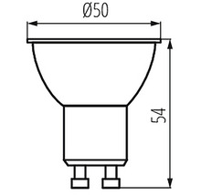 Nákres objímky GU10 s rozmermi 50 milimetrov v priemere a 54 milimetrov na výšku