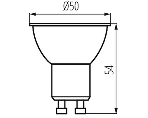 Nákres objímky GU10 s rozmermi 50 milimetrov v priemere a 54 milimetrov na výšku