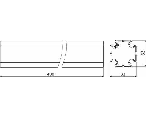 Technický výkres profilu s rozmermi 1400 x 33 x 33 milimetrov.