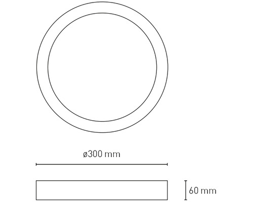 Technický nákres kruhového stropného svietidla s priemerom 300 mm a výškou 60 mm.