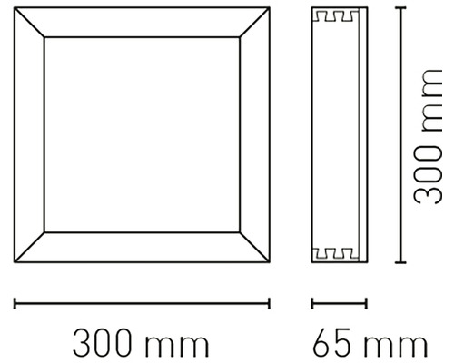 Technický nákres štvorcového rámu s rozmermi 300 mm x 300 mm a hĺbkou 65 mm.