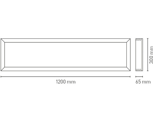 Technický nákres svetelnej lišty s rozmermi 1200 mm x 300 mm x 65 mm