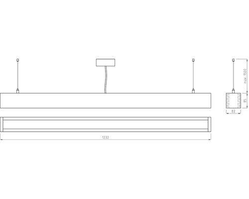 Technický výkres LED závesného svietidla s rozmermi