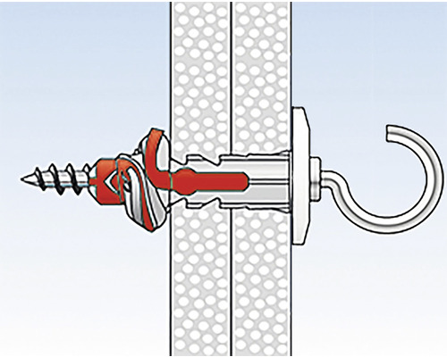 Nákres upevnenia hmoždinky do sadrokartónu so skrutkou a hákom