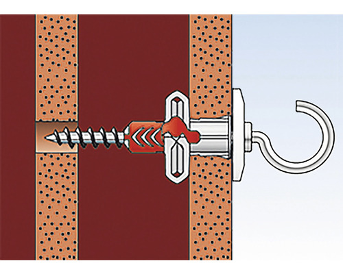 Ilustrácia upevnenia hmoždinky do dutých stien so skrutkou a hákom v stene
