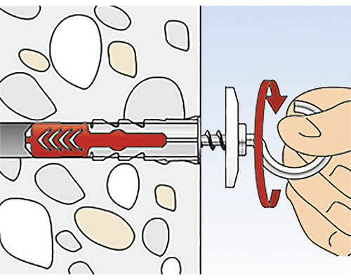 Ilustrácia montáže hmoždinky do steny so skrutkou a krúžkom