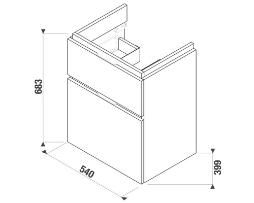 Nákres skrinky pod umývadlo s rozmermi