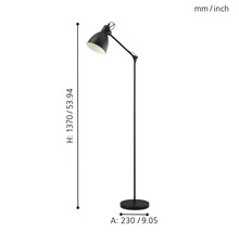 Čierna stojacia lampa s nastaviteľným ramenom a rozmermi