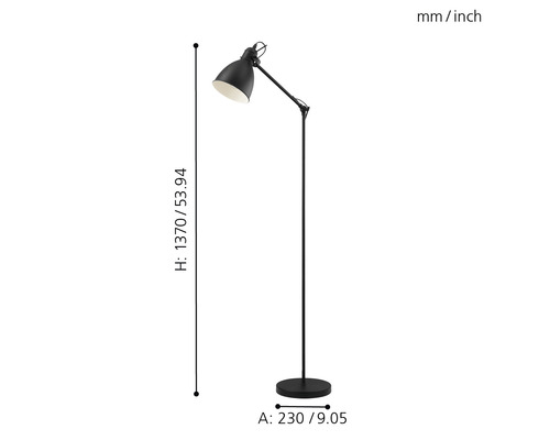 Čierna stojacia lampa s nastaviteľným ramenom a rozmermi
