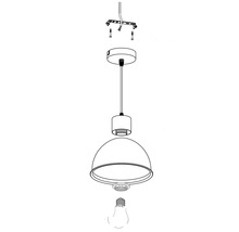 Rozkreslený nákres závesnej lampy s montážnym materiálom a žiarovkou