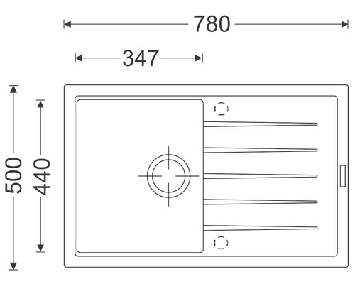 Technický nákres kuchynského drezu s rozmermi 780 x 500 mm