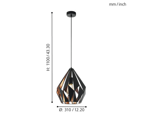 Závesné svietidlo s geometrickým tienidlom, výškou 1100 milimetrov a priemerom 310 milimetrov.