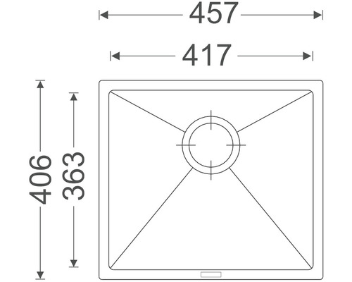 Technický nákres drezu s rozmermi 457 x 406 milimetrov
