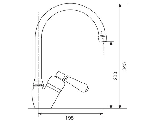 Technický nákres kuchynskej batérie s údajmi o výške a šírke