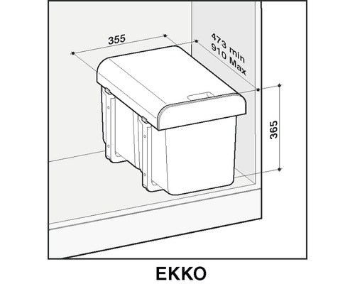 Obrázok odpadkového koša s rozmermi 355, 473 až 910 a 365 milimetrov.