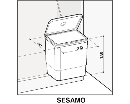 Technický nákres odpadkového koša Sesamo s rozmermi
