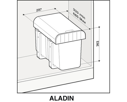 Odpadkový kôš Aladin s rozmermi pre inštaláciu