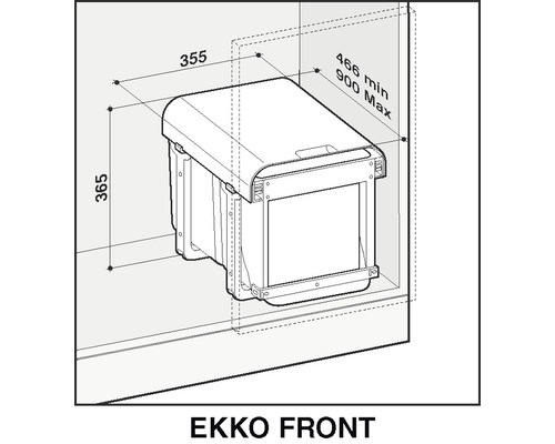 Technický nákres odpadkového koša Ekko Front s rozmermi