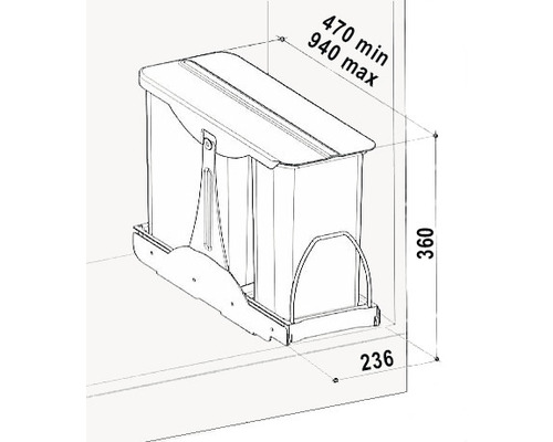 Technický nákres systému triedenia odpadu s rozmermi.